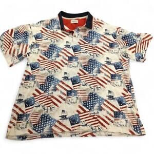 VTG American Legacy‎ Patriotic Polo Shirt All Over Print Mt Rushmore Red Blue XL